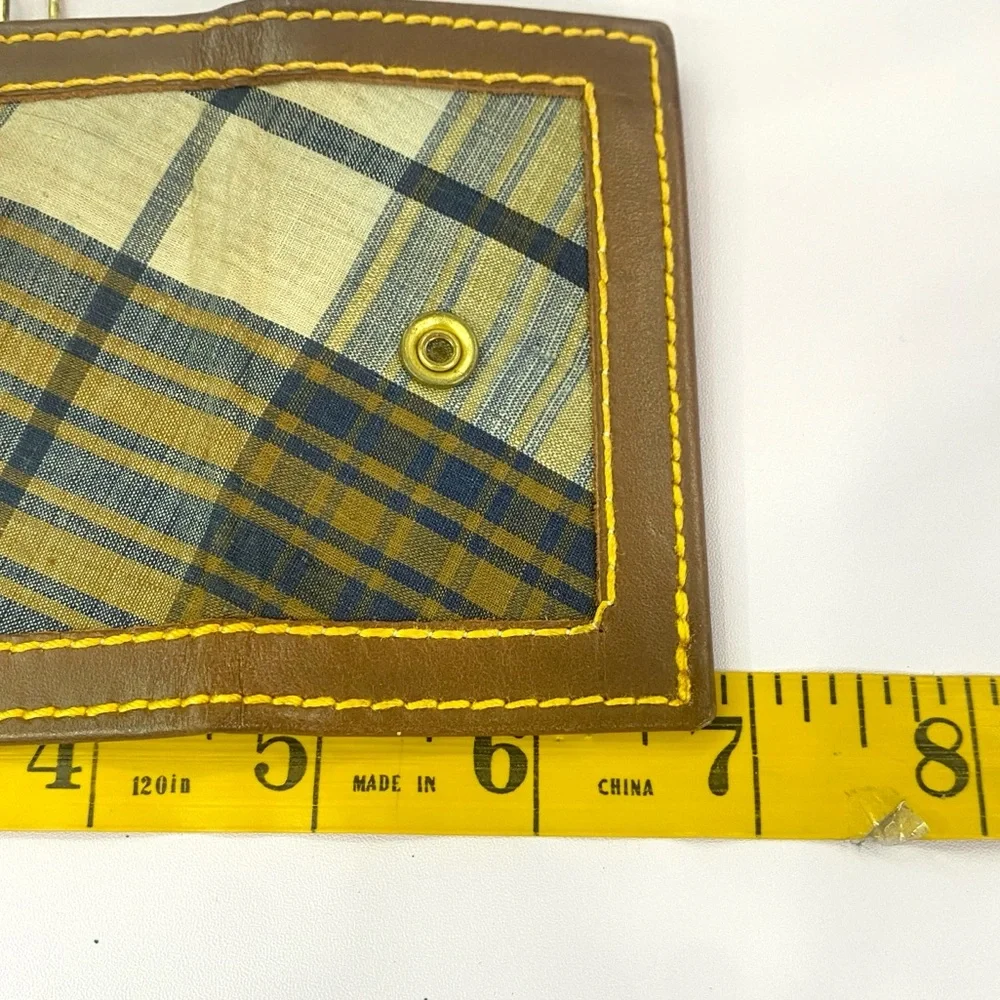 Canterbury Vintage 1980s Navy Plaid Key Holder Brown Leather Yellow Stitch Prepp